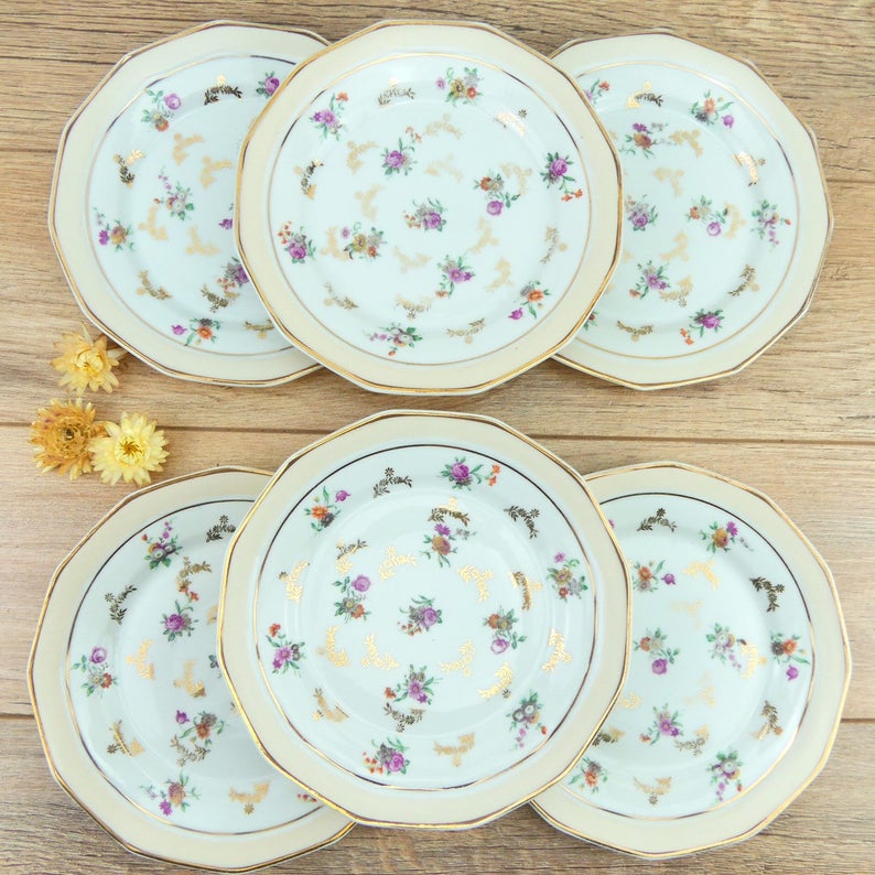 6 assiettes à dessert Limoges de 1908, petites assiettes Limoges luxueuses