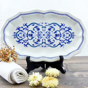 Grand plat oval de service français Salins Ségur décor bleu royal arabesques
