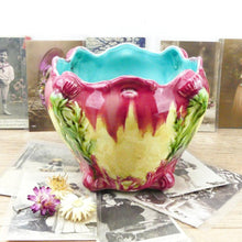 Charger l&#39;image dans la galerie, Jardinière barbotine Orchies faïence 1920  rose et bleue