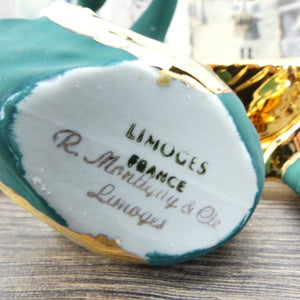 Set à condiments Limoges Salière poivrier moutardier en porcelaine luxuese vert et or