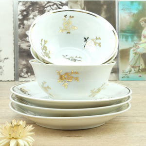 Service 6 tasses à café porcelaine de Limoges blanc avec fleurs or 1950 et pot de lait