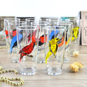 9 grands verres à eau décor oiseaux années 1960