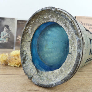 Ancien siphon de bar verre et métal 19e siècle, grande bouteille siphon bleu armature en métal vintage