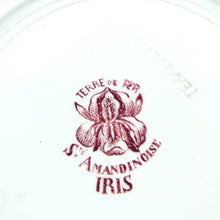 Charger l&#39;image dans la galerie, Assiette creuse Iris roses Saint Amandinoise, assiette française, vaisselle ancienne terre de fer fleur rose