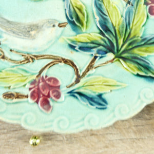 Assiette barbotine oiseaux, Assiette française 19e siècle parfaite condition