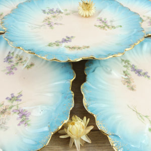 5 assiettes à dessert Limoges bleues, roses et or, petites assiettes luxueuses Limoges