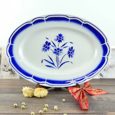 Plat oval Badonviller fleurs bleues, plat de service vaisselle de campagne bleue Badonviller