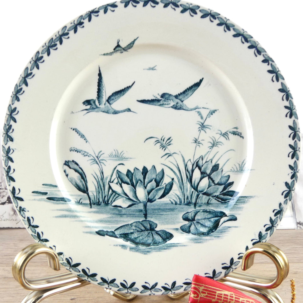 Assiette oiseaux bleus, assiette française Badonviller Nénuphar 19e siècle, oiseaux bleues et fleurs bleues, shabby chic