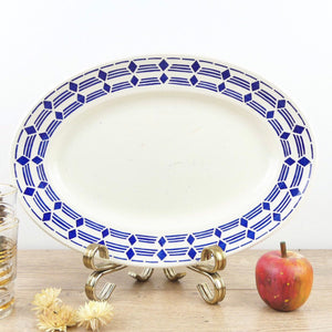 Plat oval Lunéville Littré, plat vintage design géométrique, plat à carreaux bleue, large plat vintage 1950