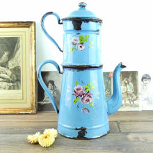 Charger l&#39;image dans la galerie, Cafetière bleue en tôle émaillée, grande cafetiere double, cafetière de cuisine vintage