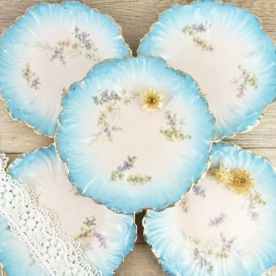 5 assiettes à dessert Limoges bleues, roses et or, petites assiettes luxueuses Limoges