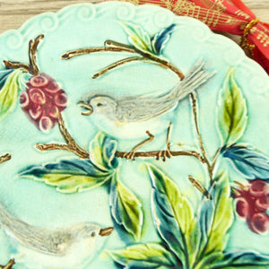 Assiette barbotine oiseaux, Assiette française 19e siècle parfaite condition